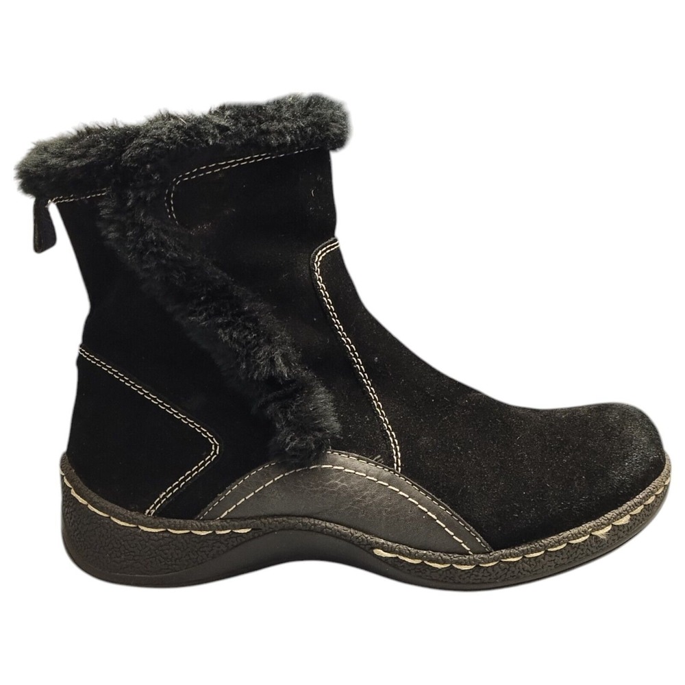 BareTraps Ellea Ankle Snow Boots Womens 10 Black Leather Faux Fur Lined Side Zip